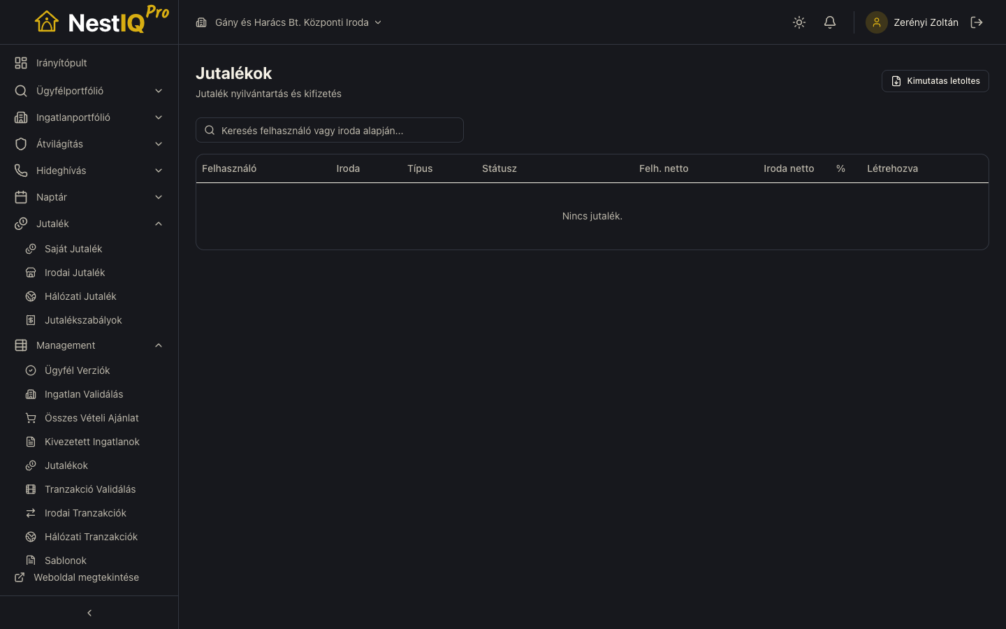 Jutalék modul — egyéni és irodai jutalék kimutatás