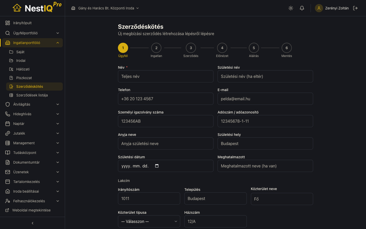 Szerződéskötés modul — 6 lépéses megbízási szerződés wizard